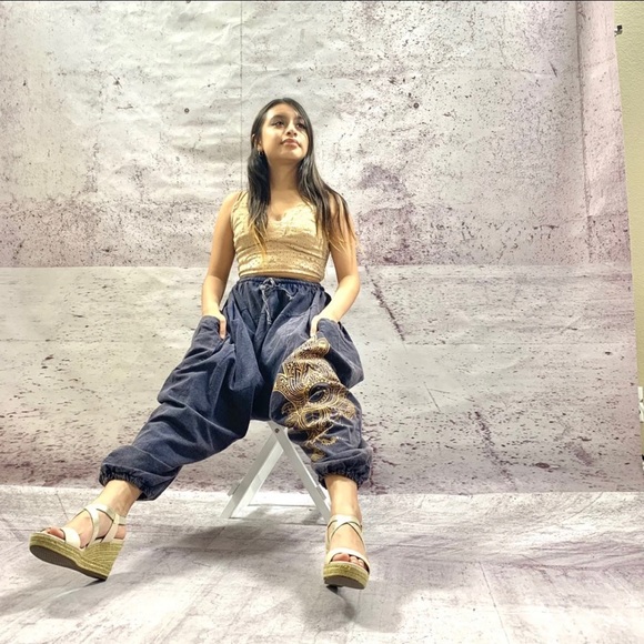 Handmade stonewashed Ohm Print Harem Pants Navy - Picture 2 of 7